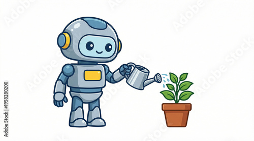 Vector illustration of an AI robot watering a green plant