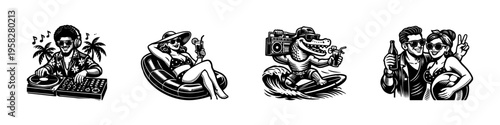 Summer vacation vector art silhouettes featuring beach relaxation surfing alligator dj party