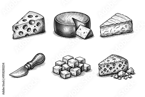 Vintage cheese collection in black and white engraved illustration style with swiss cheese wheel blue cheese cheese knife and serving board