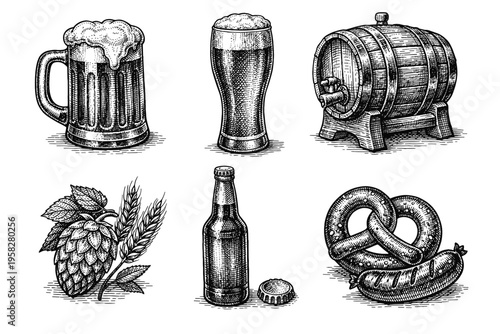 Vintage beer set in black and white engraved illustration style with beer mug bottle barrel hops pretzels and sausages