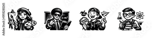 Black and white vector illustrations of creative and scientific professions with characters