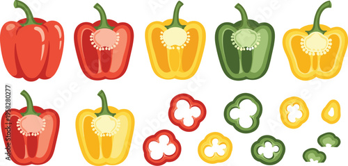 Bell Pepper Vector Illustration Set with Whole and Cut Capsicum in Red Yellow and Green Colors, Fresh Vegetable Collection for Food Design and Cooking Graphics