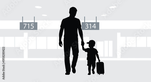 Father, child walking with luggage, airport terminal background, travel concept, family silhouette
