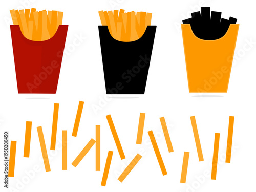 Illustration of French fries in a box. Collection of hand-drawn French fries.