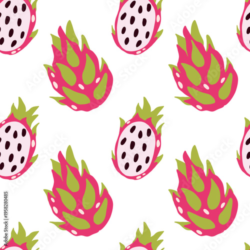 Vector pattern of dragon fruit on a light background. Exotic fruit, Pitahaya, fabric, pattern