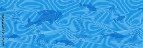 Shoal of fish, sea waves, seamless pattern, vector cartoon