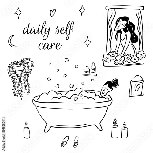 Vector illustration of girls taking care of their mental health in doodle style. Self-care, Harmony
