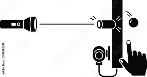 Photoelectric Effect Experiment Vector Illustration with Flashlight Light Beam, Metal Surface, Emitted Electrons, and Measurement Device Diagram