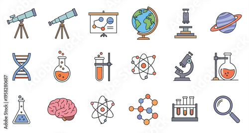 Science and Laboratory Flat Icons Vector Set with Telescope, Microscope, DNA, Atom, Globe, Brain, Molecule, and Chemistry Glassware Collection
