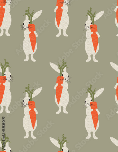 Seamless cute bunny holding carrot pattern. Hand drawn textured rabbit background on sage green. Spring nursery textile design.