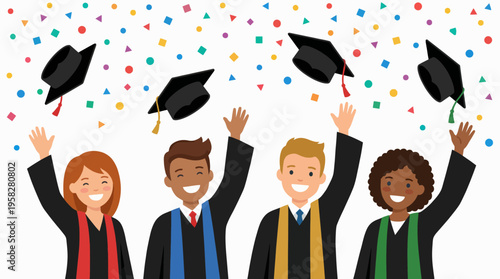 A joyful illustration of diverse graduates celebrating their accomplishments with caps flying in the air, representing success, achievement, and the excitement of a new beginning.