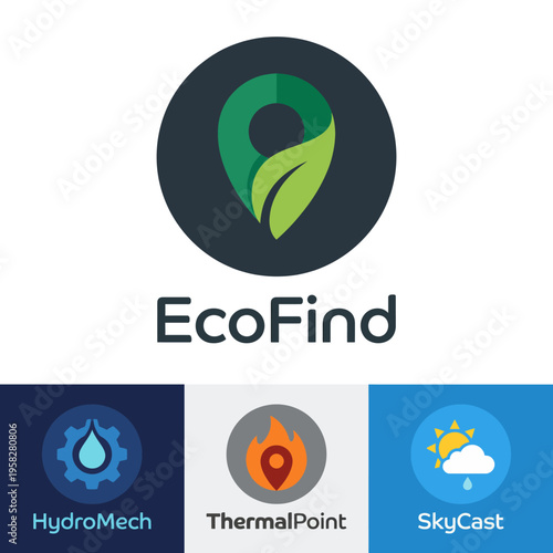 A modern logo for EcoFind, highlighting sustainability and geolocation features, encapsulated in a circular design with green hues symbolizing environmental consciousness.