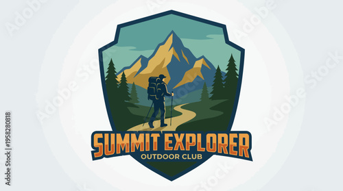A logo featuring a hiker amidst mountains and trees, representing adventure, exploration, and outdoor activities, ideal for an outdoor club or hiking organization.