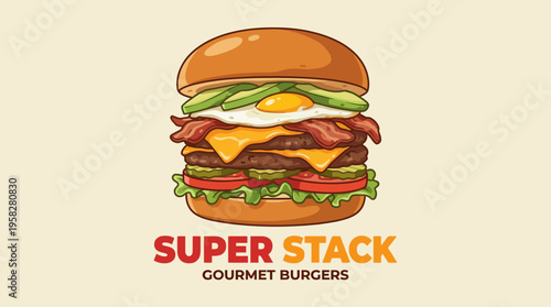 An appetizing illustration of a gourmet burger stacked with fresh ingredients, capturing the essence of indulgence and culinary creativity in food photography style.