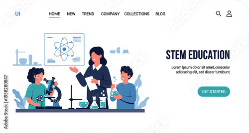 STEM Education Landing Page Vector Illustration with Teacher and Students Conducting Science Experiments, Microscope, Laboratory Glassware, and Modern UI Design
