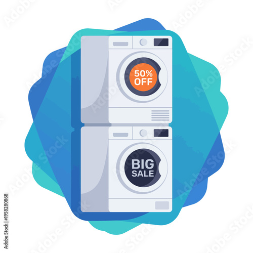 This graphic showcases a sleek washer and dryer stacked together, highlighted by prominent sale tags indicating 50% off, symbolizing great deals on home appliances.