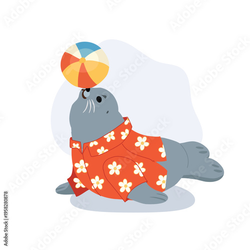 cute seal cartoon with beach ball tropical shirt playful marine animal summer vacation character illustration