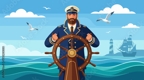 This captivating image portrays a bearded ship captain confidently steering his vessel through the waves at sea, offering a sense of adventure and exploration.