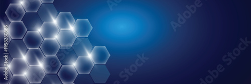 Abstract blue hexagon technology background with glowing honeycomb pattern on left and copy space for business, medical, tech or science banner