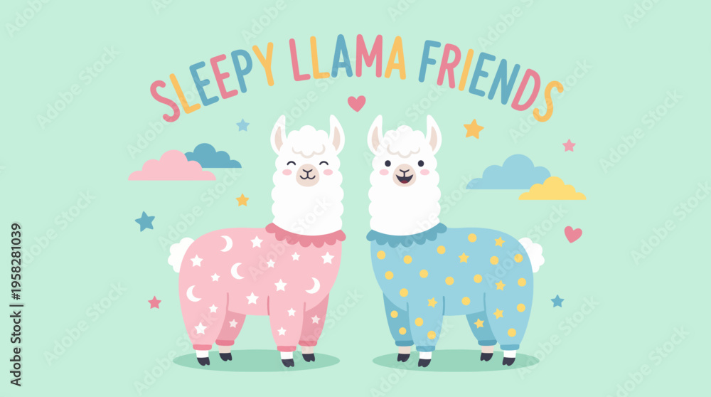 Fototapeta premium Two adorable llamas wearing colorful pajamas promote a sense of fun and friendship in a whimsical design, perfect for children's products and playful themes.