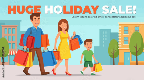 This lively illustration depicts a happy family shopping together with colorful bags, perfectly capturing the joy, bonding, and excitement of family outings during festive seasons or holidays.