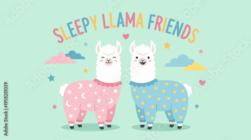Two adorable llamas wearing colorful pajamas promote a sense of fun and friendship in a whimsical design, perfect for children's products and playful themes.