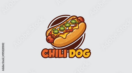This vibrant image showcases a mouthwatering chili dog topped with onions, jalapeños, and cheese, perfect for fast food branding and marketing materials.