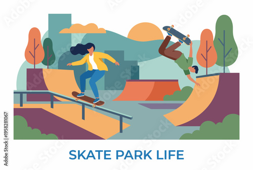 Two skateboarders enjoy their activity at a vibrant skate park, showcasing a dynamic urban lifestyle filled with energy, fun, and youthful expression against a colorful backdrop.