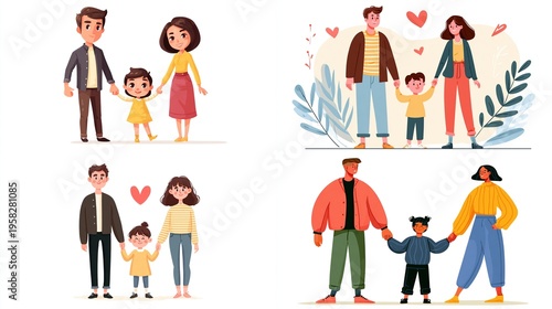 Cartoon vector illustration of parents holding hands with children