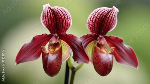 Red Lady Slipper Orchid Flowers Close Up on Green Background