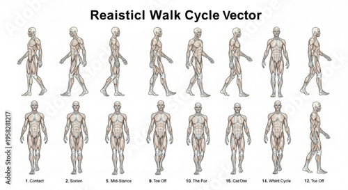 Human walk cycle vector illustration with 16 steps realistic anatomy