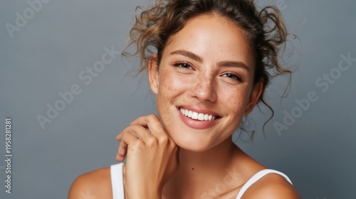 Authenticity and self-acceptance a close-up portrait of a smiling woman with freckles and natural skin.