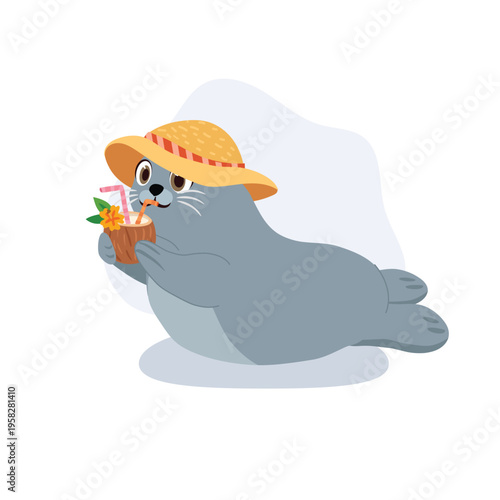 seal cartoon drinking coconut tropical beach summer cute marine animal illustration relaxing vacation theme