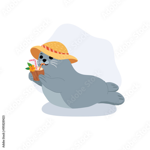 Adorable seal character lying on a beach and enjoying a coconut drink under a straw hat in a tropical summer