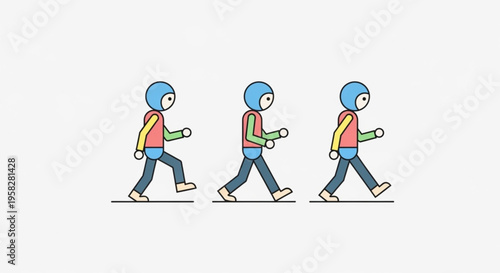 Cartoon character walking with backpack animation sequence three frames colorful graphic illustration