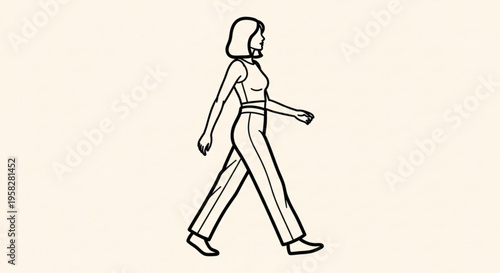 Woman walking alone in casual outfit on beige background simple line drawing