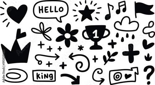 Hand drawn doodle sticker icons, crown, trophy, heart, speech bubble, arrow, bow, cloud, musical notes, sketchy black vector illustration, playful and creative design.