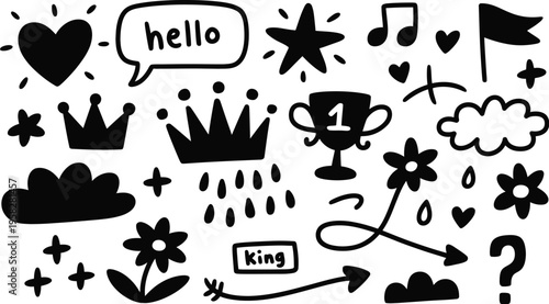 Hand drawn doodle sticker icons, crown, trophy, heart, speech bubble, arrow, bow, cloud, musical notes, sketchy black vector illustration, playful and creative design.