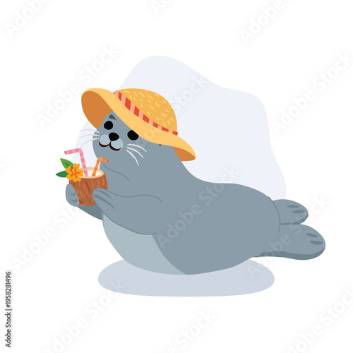 adorable cartoon seal enjoying a coconut drink at the beach during summer holiday friendly marine animal character representing relaxation tropical travel and seaside lifestyle