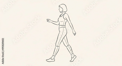 Woman walking in fitness attire with short hair in a simple line drawing style on a beige background