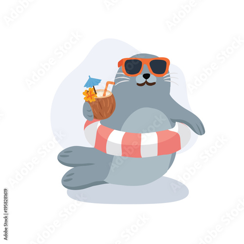 cute seal cartoon wearing sunglasses floating in inflatable ring holding coconut drink tropical beach vacation summer