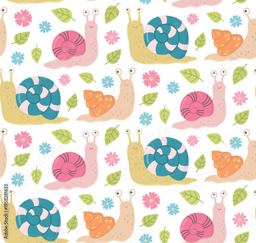 Seamless pattern with cute and funny snails, flowers and leaves. Colorful background with playful animals