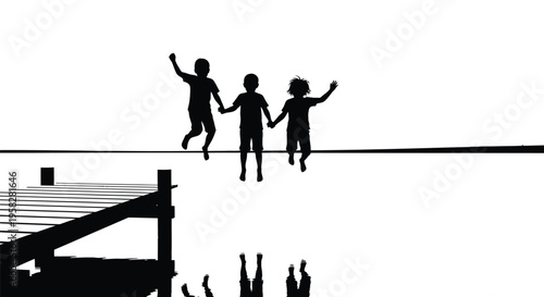 Set of 3 black silhouettes of children holding hands on a tightrope vector