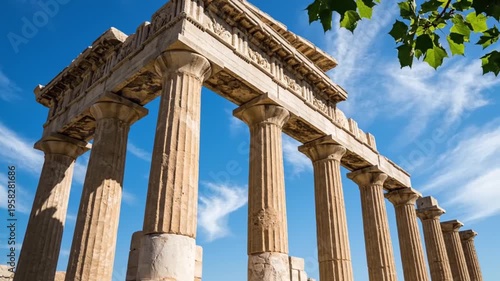 Ancient Stone Temple Ruins with Tall Classical Columns Under Blue Sky