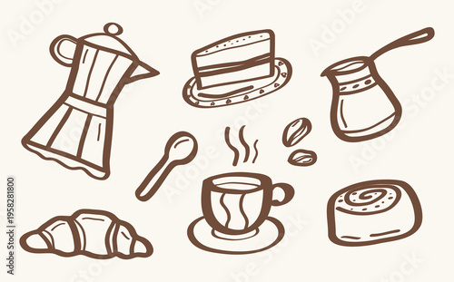 Hand drawn coffee and bakery doodle set in warm brown. Simple sketchy vector for cafe menu, print and poster