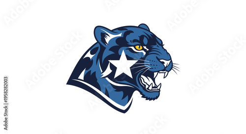 Aggressive Feline Mascot Head with Star Symbol - Sports Design