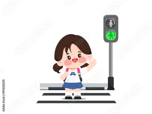 Cute cartoon children standing at the crosswalk by color traffic light.