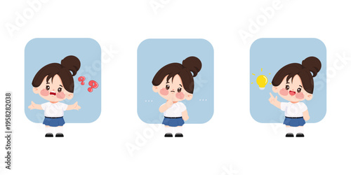Cute girl student confuses, thinking and get idea character. Cartoon vector design.