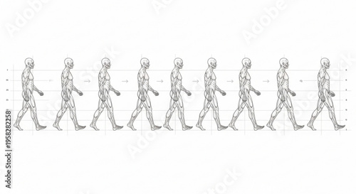 Human walking cycle illustration with multiple figures in various motion stages