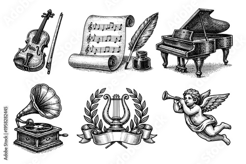 Vintage music symbols set in black and white engraved illustration style with violin gramophone harp sheet music and lyre emblem